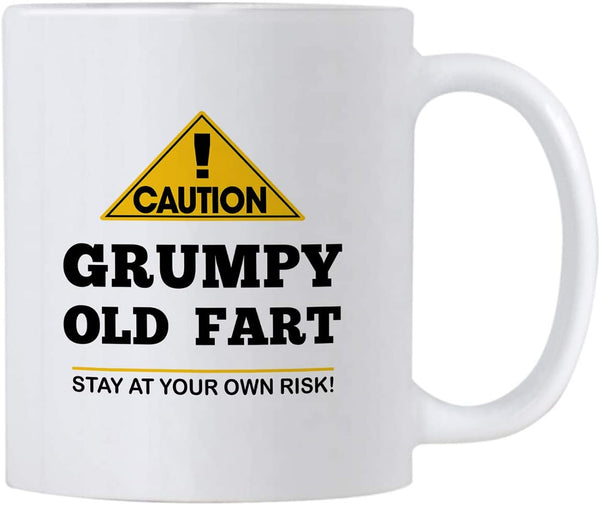 Gag Gifts for Grumpy Old Men. Caution Old Fart 11 oz Coffee Mug. Funny 40th, 50th, 60th, 70th, 80th Birthday Gift Idea for Grandfather, Senior or Grandpa.